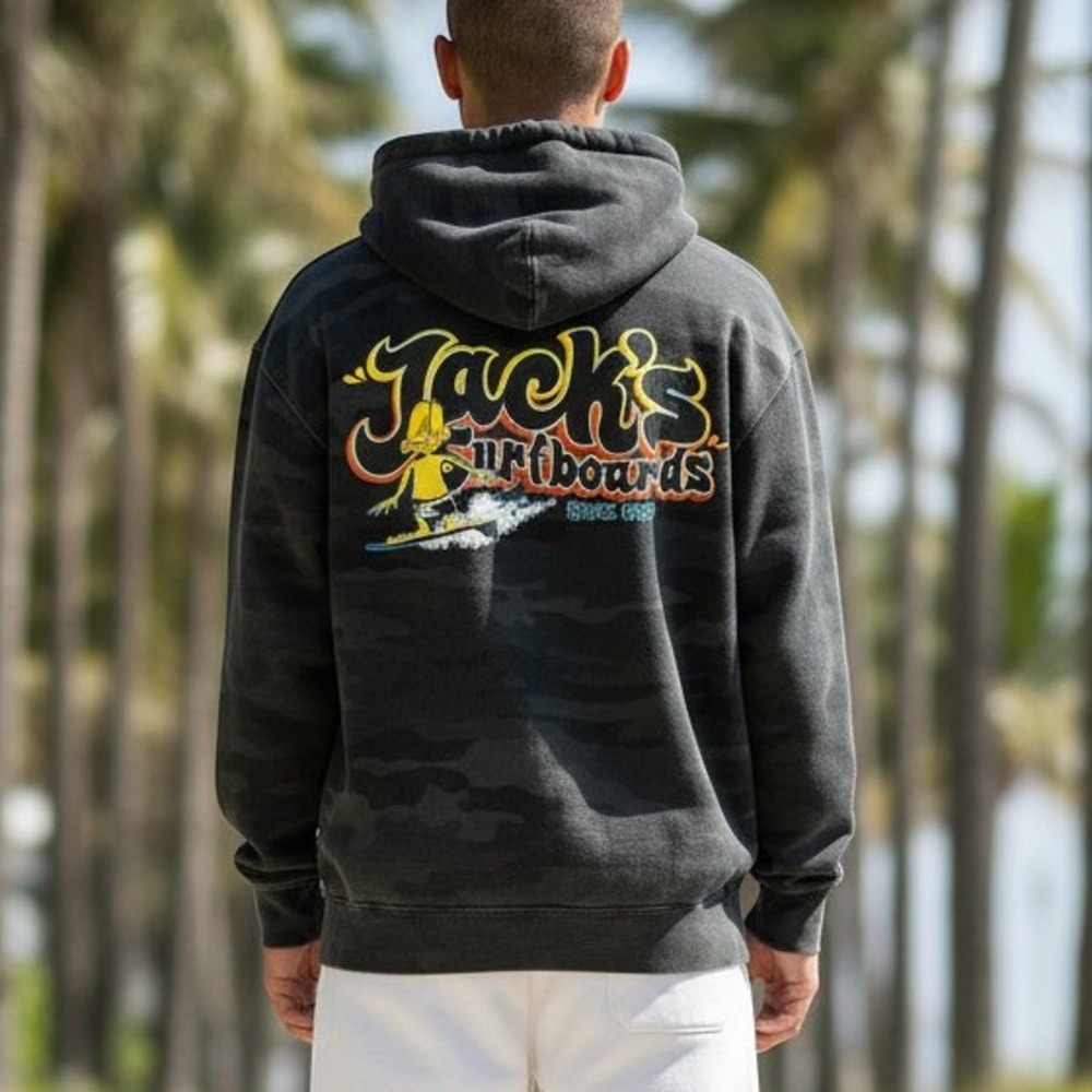 Jacks Surfboards Hoodie Mens M Black Camo Graphic Pullover Sweatshirt